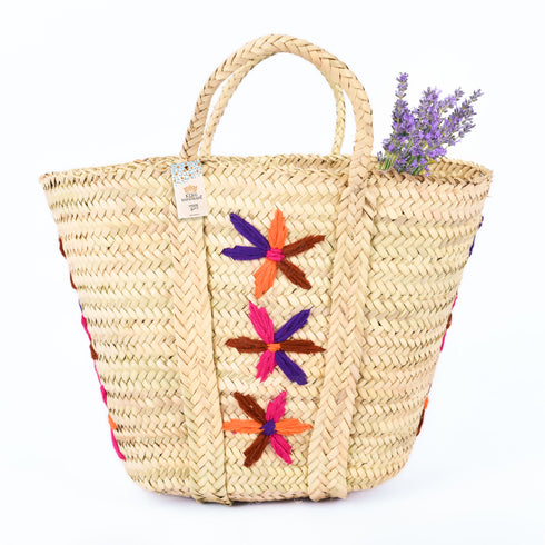 Large Bohemian Violet Stars - Embroidered Straw Basket Market Tote